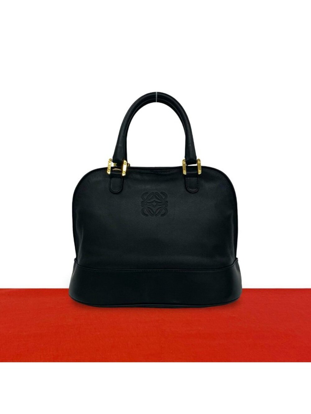Loewe Vintage Anagram Logo Leather Round Zip Mini Boston Bag Black